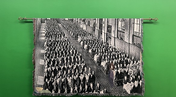 Michelle Malone Great Uncle Joe 2021 digitally woven tapestry depicting image of Artane Boys Industrial School Installation view at Studio 16 TBGS Dublin